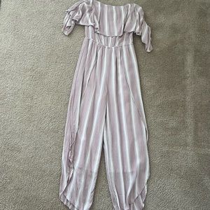 American Eagle Strapless Pink Striped Jumpsuit with Off the Shoulder Sleeves